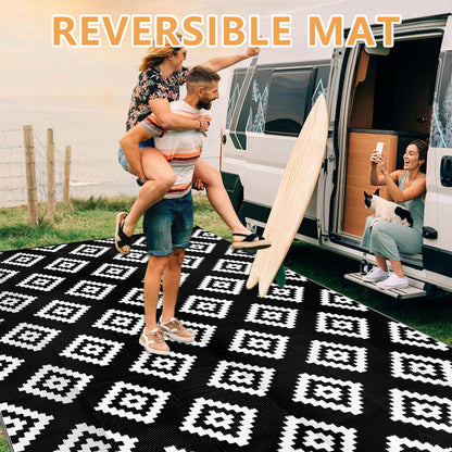 Homcomodar Outdoor Rug for Patio Waterproof 270x365cm Reversible Garden Rugs UV Resistant Camping Mat Plastic Straw Rug Outside Patio Rug for Yard Beach Picnic Deck(Black)