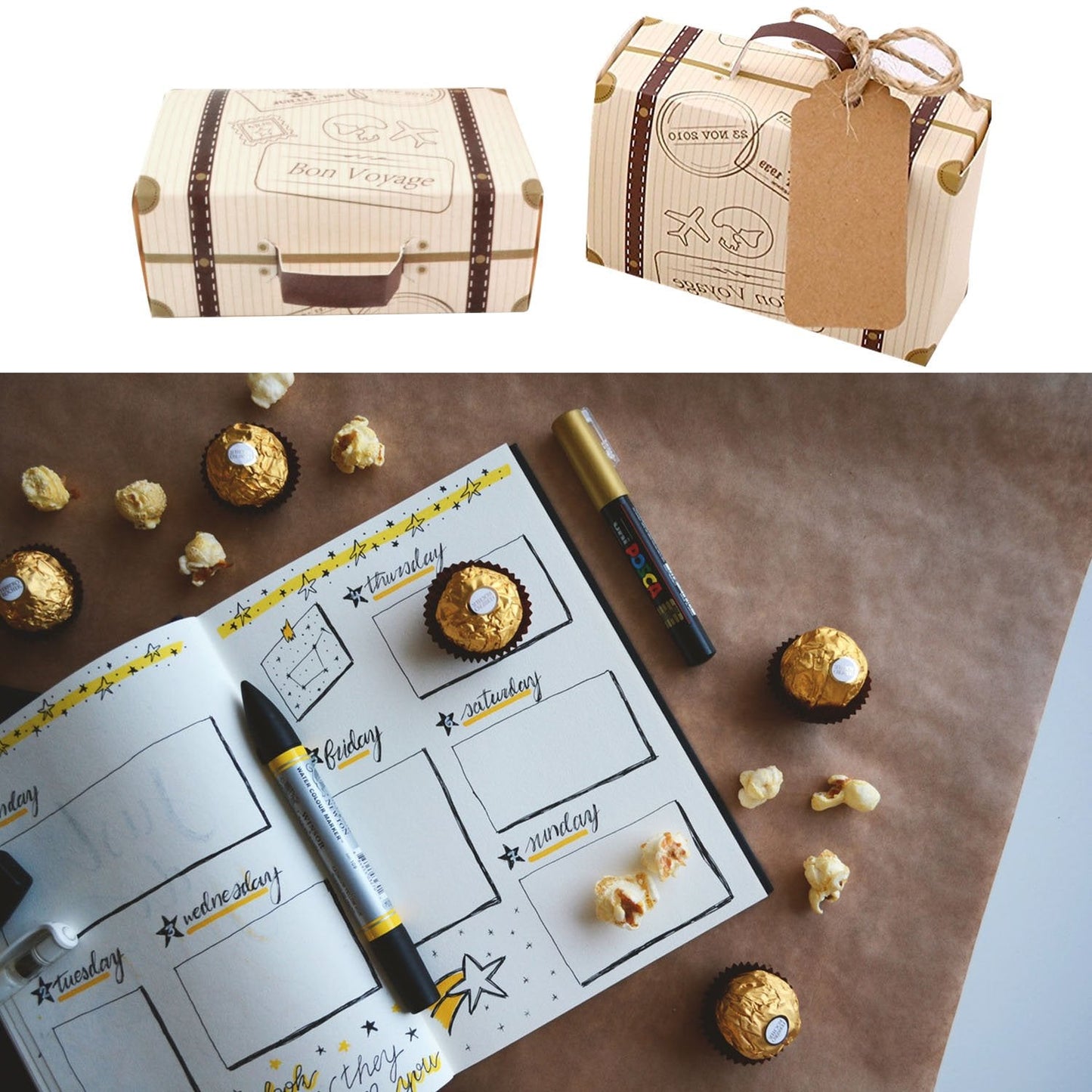 Faylapa 50pcs Suitcase Candy Boxes, Party Favor Candy Box, Vintage Kraft Paper Gift Bag for Travel Theme Party, Wedding, Birthday, Bridal Shower