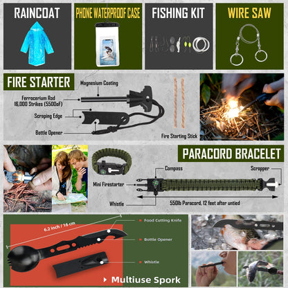 Survival Kit, 268 Pcs Emergency Survival Gear and Equipment Supplies with First Aid Kit, Camping Axe, Headlamp, Crossbody Bag for Camping Hiking, Hunting, Gift for Christmas Men, Dads,