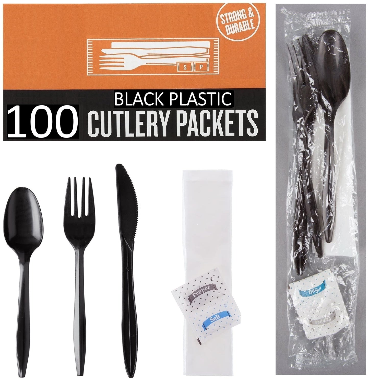 100 Plastic Cutlery Packets - Knife Fork Spoon Napkin Salt Pepper Sets | Black Silverware Sets Individually Wrapped Cutlery Kits, Bulk Plastic Utensil Cutlery Set Disposable To Go Silverware