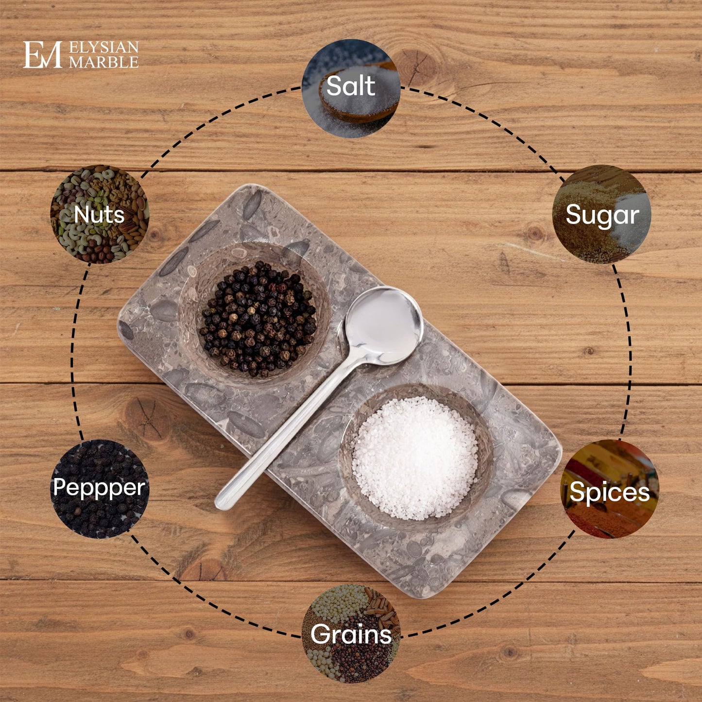 Marble Salt and Pepper Dish with Spoon, Handcrafted Double Spice Tray with 2 Compartments, Natural Stone Condiment Dish for Cooking Prep and Serving - Oceanic Grey