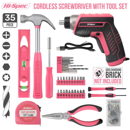 Hi-Spec 35pc Pink Womans Tool Kit Set with 3.6V USB Electric Power Cordless Screwdriver Compact for Home. Starter Basic Ladies Tools for Household DIY Repairs in a Small Toolbox