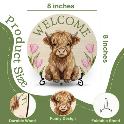 PATCATE Spring Tulip Table Decor for Home Office, 8-In Highland Cow Welcome Signs for Rustic Farmhouse Room Decor, Western Easter Gifts for Women