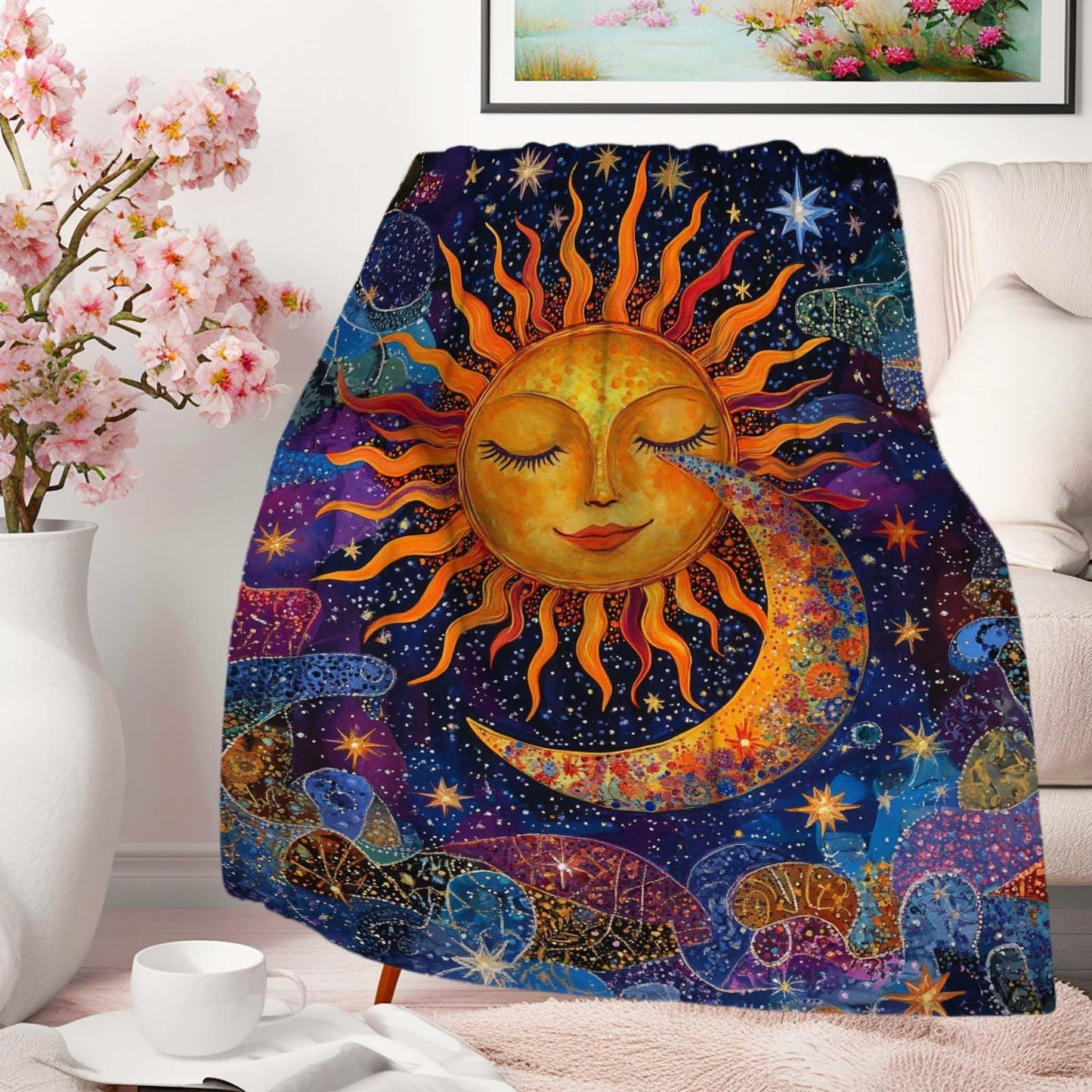 ZwenPdoe Sun and Moon Blanket Throw, Plush Blanket Gift for Adults, Hippie Witchy Lightweight Soft Fleece for Bedrooms, Meditation, and Decor, 40x50 Inches