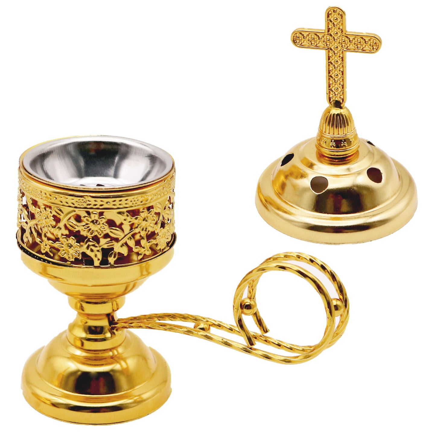 JREEPEE Solid Brass Color Incense Burner with Cross Lid - 6 Inch Charcoal Censer for Catholic Church, Home Altar - Thurible for Frankincense, Resin, Bakhoor