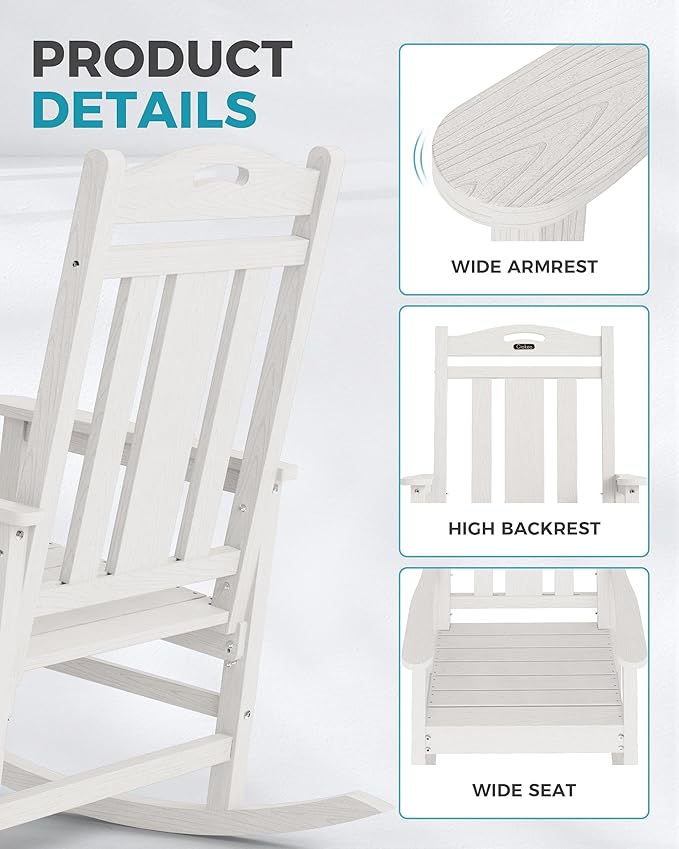 Ciokea Oversized Outdoor Rocking Chairs Set of 4, 380lbs Heavy-Duty Large Patio Rocker, High Back Cozy Porch Chairs, Weather Resistant Patio Rocking Chairs for Outside, Fire Pit, Deck, White