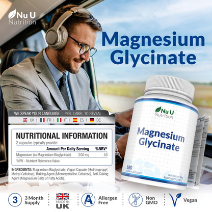 Magnesium Glycinate Supplements 1000mg (Bisglycinate) - 180 High Strength Vegan Capsules - 3 Month Supply - Providing 200mg of Elemental Magnesium - Made in The UK - Nu U Nutrition