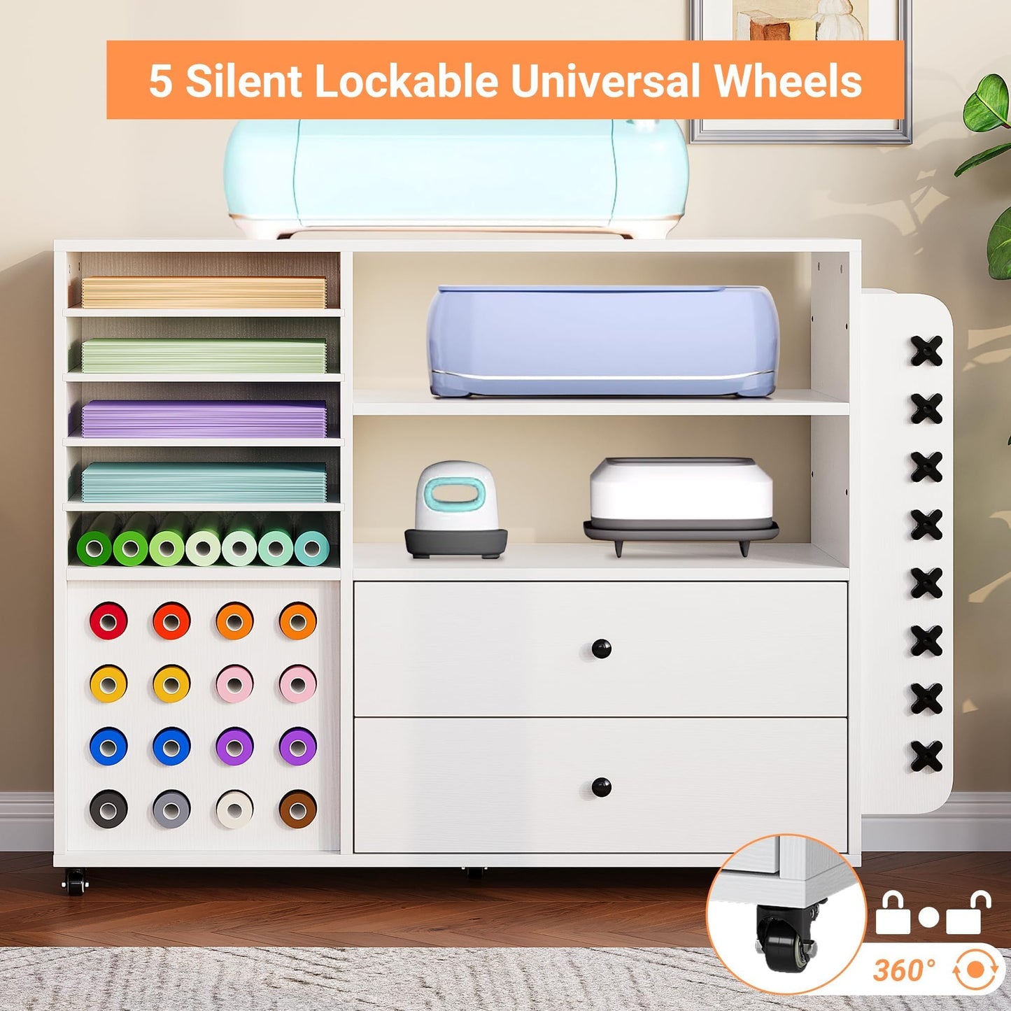 Craft Cart for Cricut Storage Organization, 42'' Rolling Craft Cabinet with 24 Vinyl Roll Holder and 2 Large Drawers Compatible with Cricut Machine White