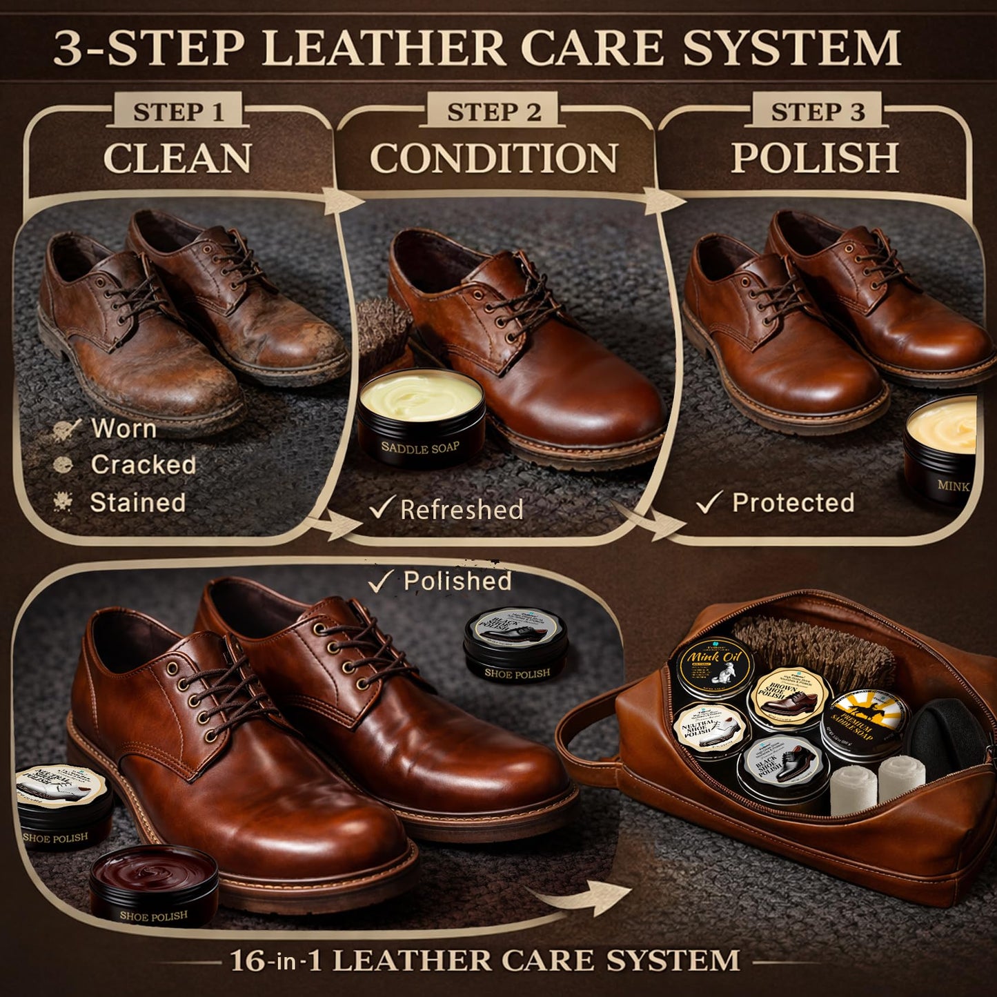 Shoe Care Kit – 16-in-1 Leather Shoe Polish, Cleaning & Conditioning Kit with Saddle Soap & Mink Oil – Black/Brown/Neutral Shoe Polish, 3 Horsehair Brushes – Premium Storage Bag – Gift for Men & Women