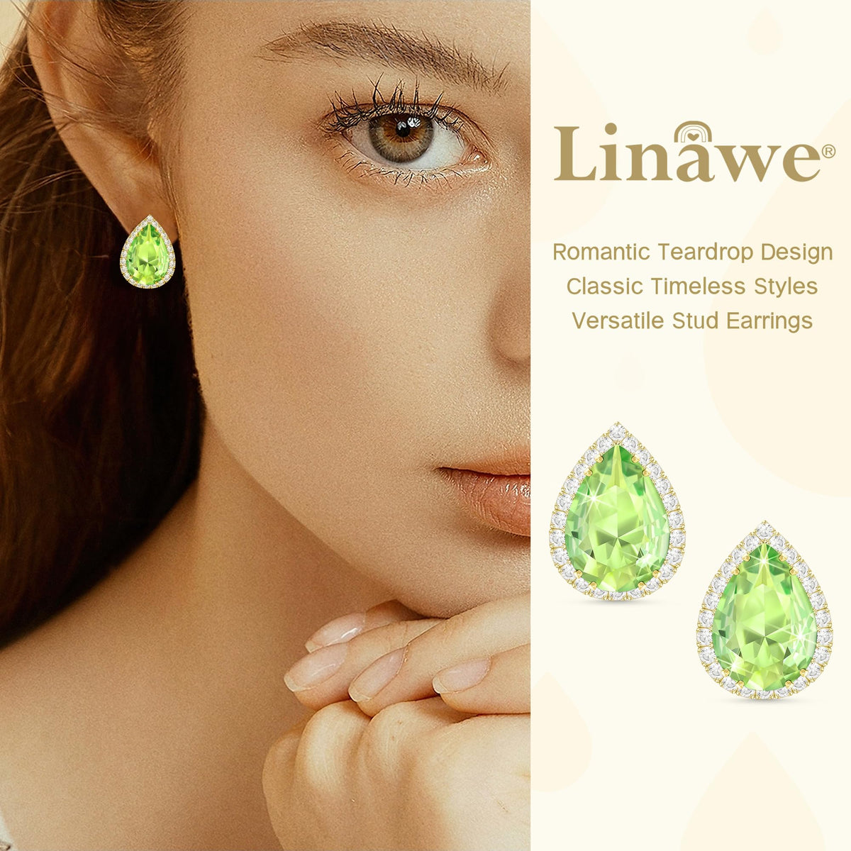 Linawe Green Gold Stud Earrings for Women, Imitation Diamond Morganite Emerald Cubic Zirconia Bridal Earrings, Iridescent Lime Green Teardrop Earrings Studs Rhinestone Crystal