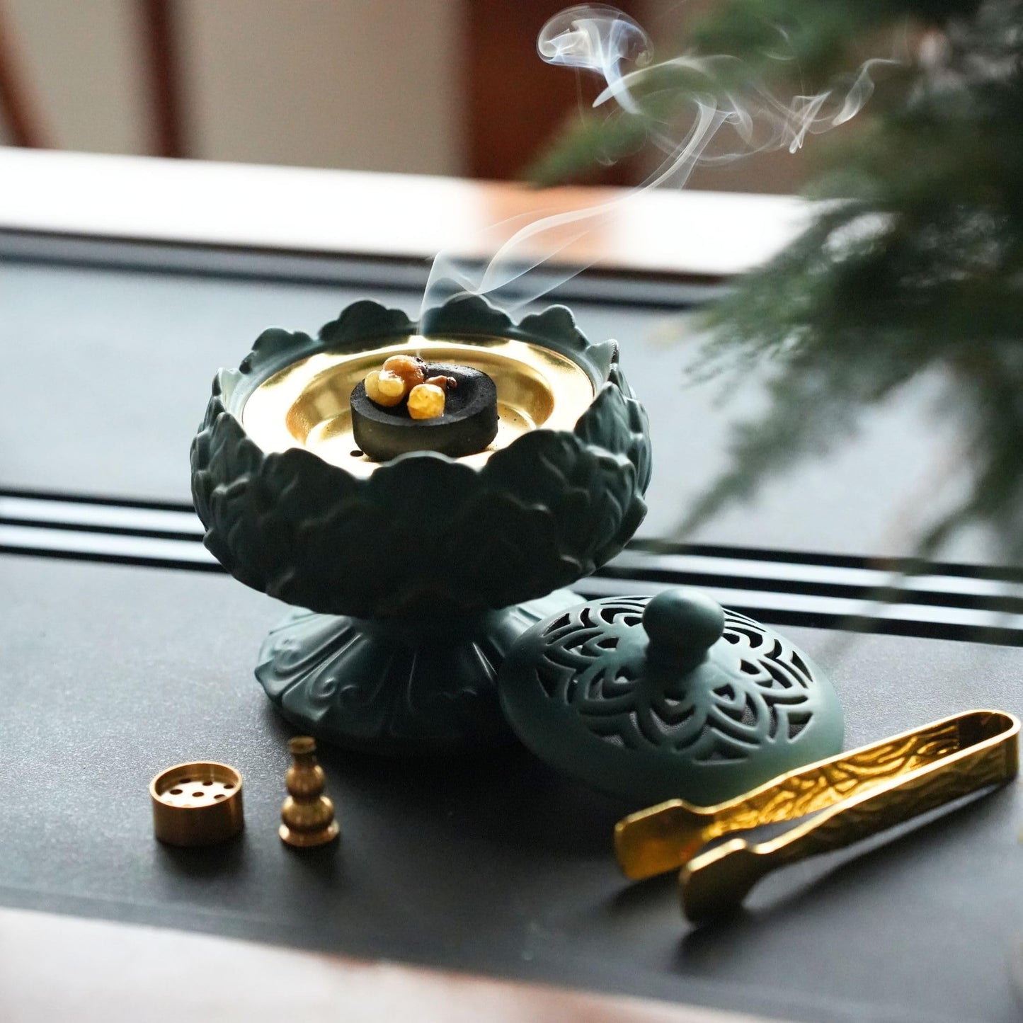 Ceramic Incense Burner for Frankincense, Bakhoor, Charcoal, Stick, Powder, Cone, Coil, and Tower Incense - Accessories for Meditation and Aromatherapy with Tweezers