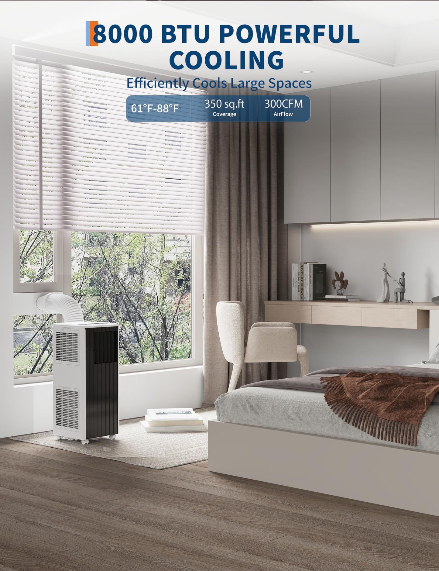 8000 BTU Portable Air Conditioner - 3 in-1 AC Unit Cools 350 Sq. Ft Rooms, Quiet 50 dB Operation w/Touch Control & Remote, Includes Window Kit & 24H Timer, Dehumidifier & Fan Modes for Bedroom, Black
