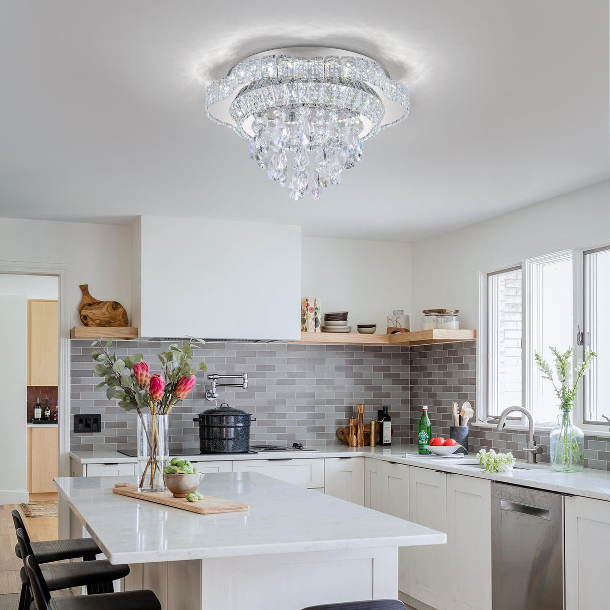Kuailkag Silver 18" Modern Flush Mount Chandelier for Bedroom, LED Crystal Ceiling Light Over Table,Elegant Dining Room Lighting Fixture with Remote Control, 3CCT Dimmable