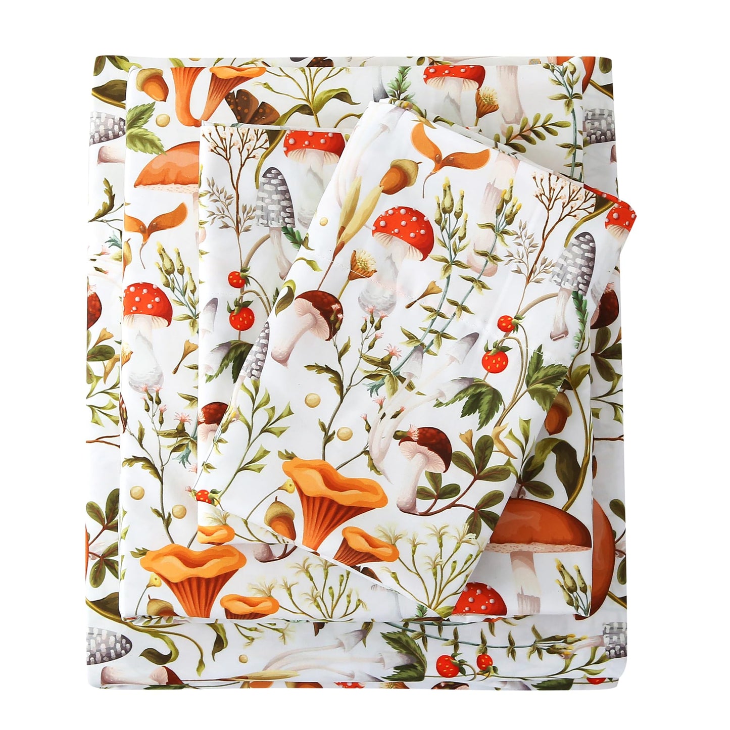 Mooreeke Cozy Vintage Microfiber Printed Full Sheet Set - Soft & Breathable Percale Mushroom Forest Bed Sheets with Extra Deep Pocket - Non-Slip Fitted Design - Jungle Mushroom Leaves Pattern - Full