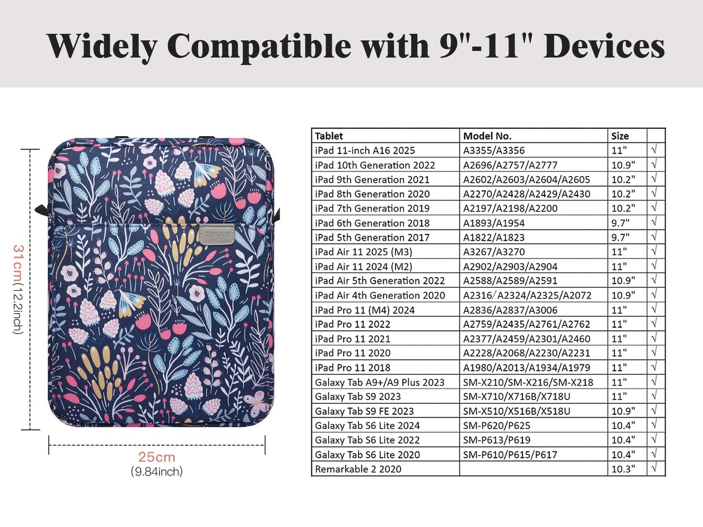 TiMOVO 9-11 Inch Tablet Sleeve Bag with Shoulder Strap for iPad 11-inch A16 2025, iPad 10.9"/10.2" | Air 11/5th/4th Gen. 10.9", Galaxy Tab A9 Plus 11", Colorful Flower