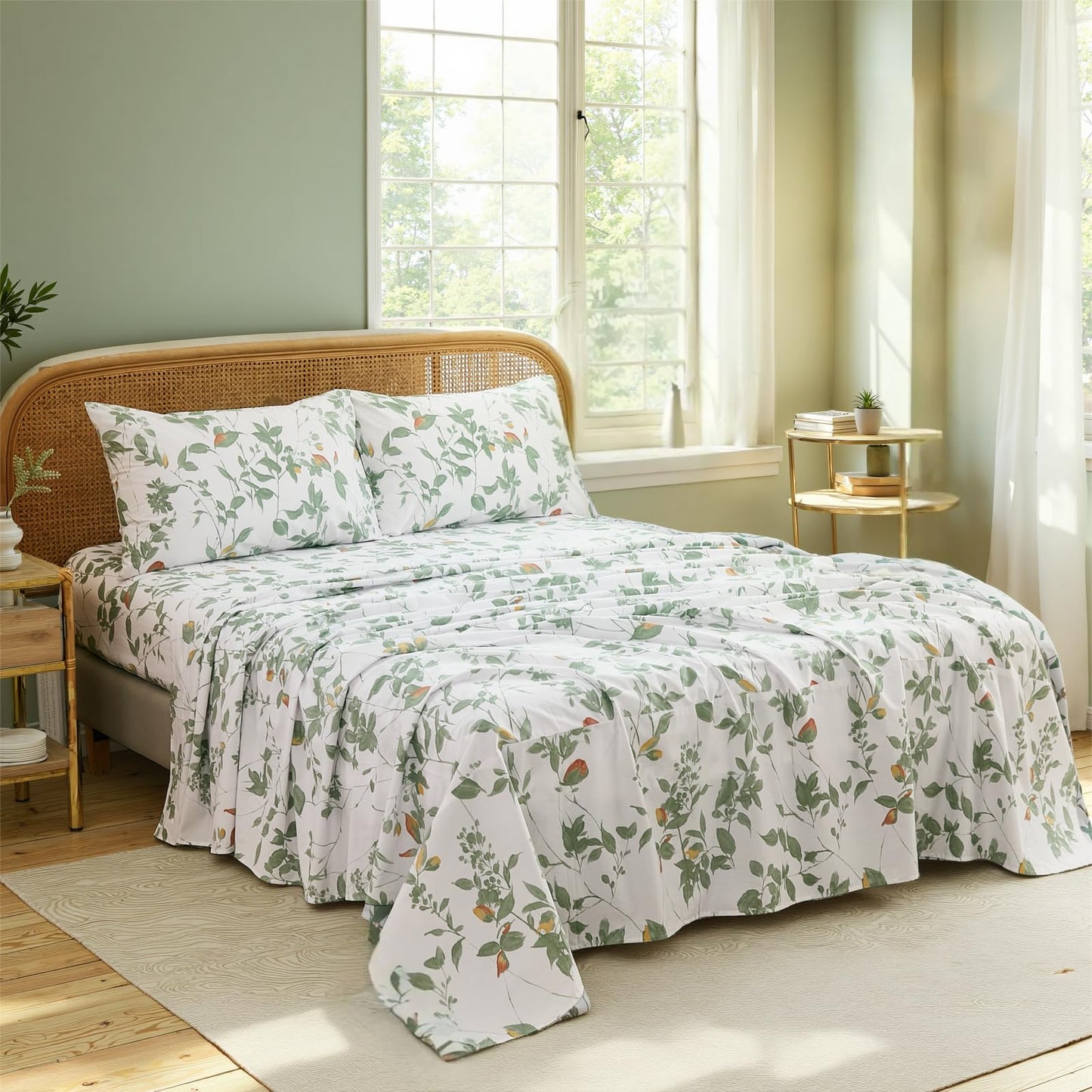 Cozaline 100% Cotton Sheets Set Queen Size – 4 Pieces Luxury Breathable Percale Cotton Bedding with Deep Pockets, Crisp Cool Feeling, Soft&Durable, Refined Botanical Elegance, Green Floral Bed Sheets