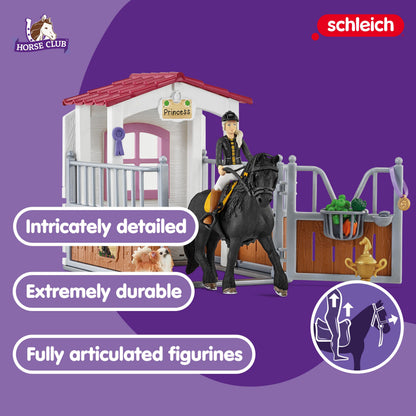 SCHLEICH Horse Club - 26 PC Tori and Princess Horse Toy Stall Playset with Dog Figurine and Accessories - Realistic, Posable Rider Figure and Pony Toys for Girls and Boys - Kids Ages 5+ - 42710