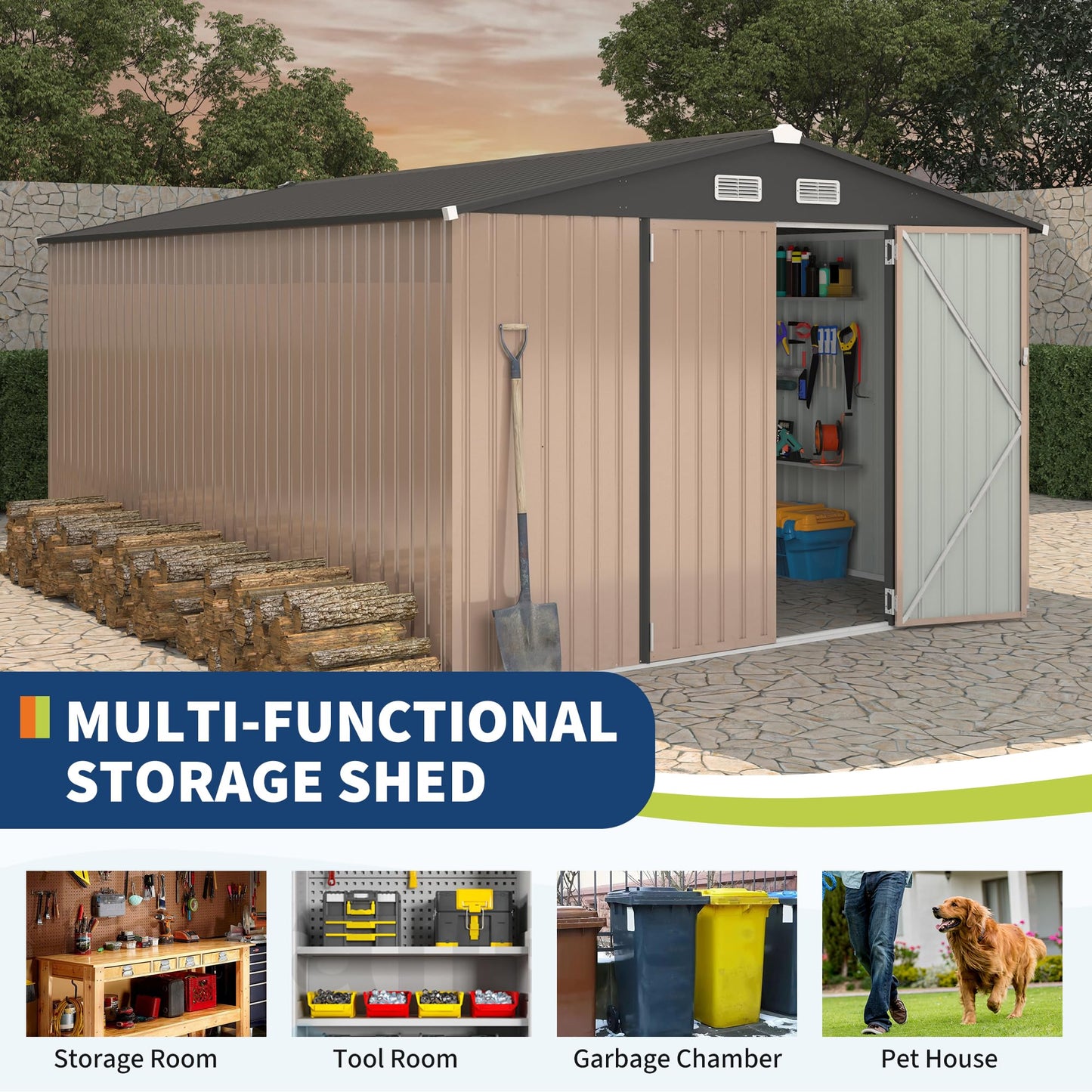 Outdoor Metal Sheds 10x14, Outdoor Storage Shed MetalGarden Tool Shed for Backyard, Metal Utility Sheds Buildings with Air Vent