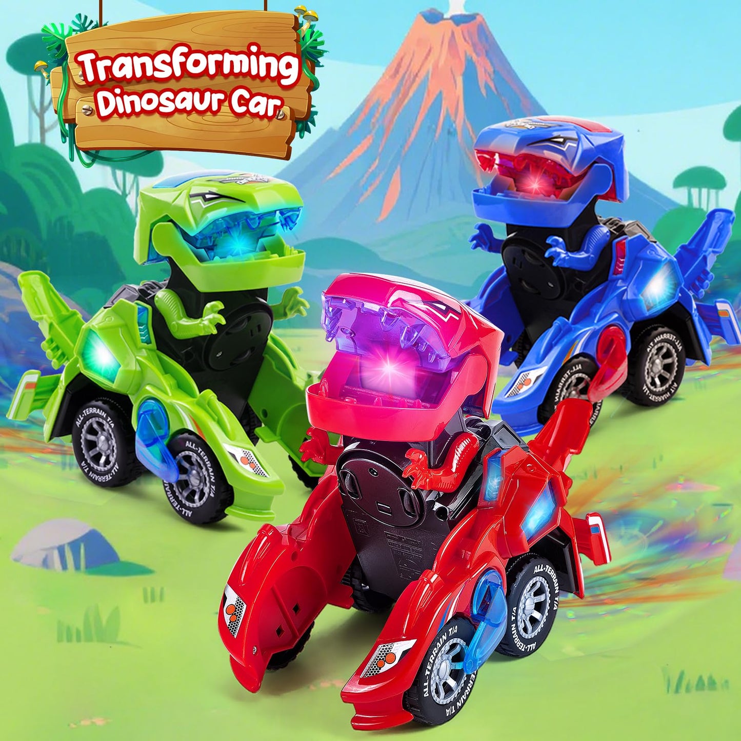 Yellcetoy Dinosaur Transforming Car, Dino Toys with Flashing Lights & Sound for Boys Girls Age 3-7 Automatic Electric Transform Cars Toy Birthday Xmas Gifts for Kids 3 4 5 6 7 Years Red