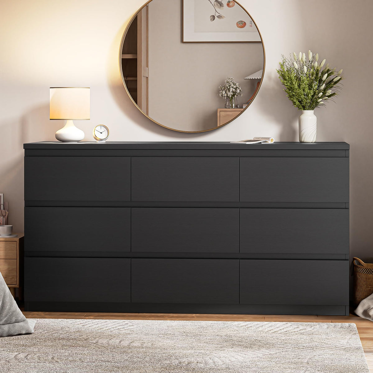 Jocoevol Modern Black 9 Drawer Dresser for Bedroom, Simply Chest of Drawers, Wood Storage Dresser with Deep Drawers for Living Room Hallway Entryway (Black)