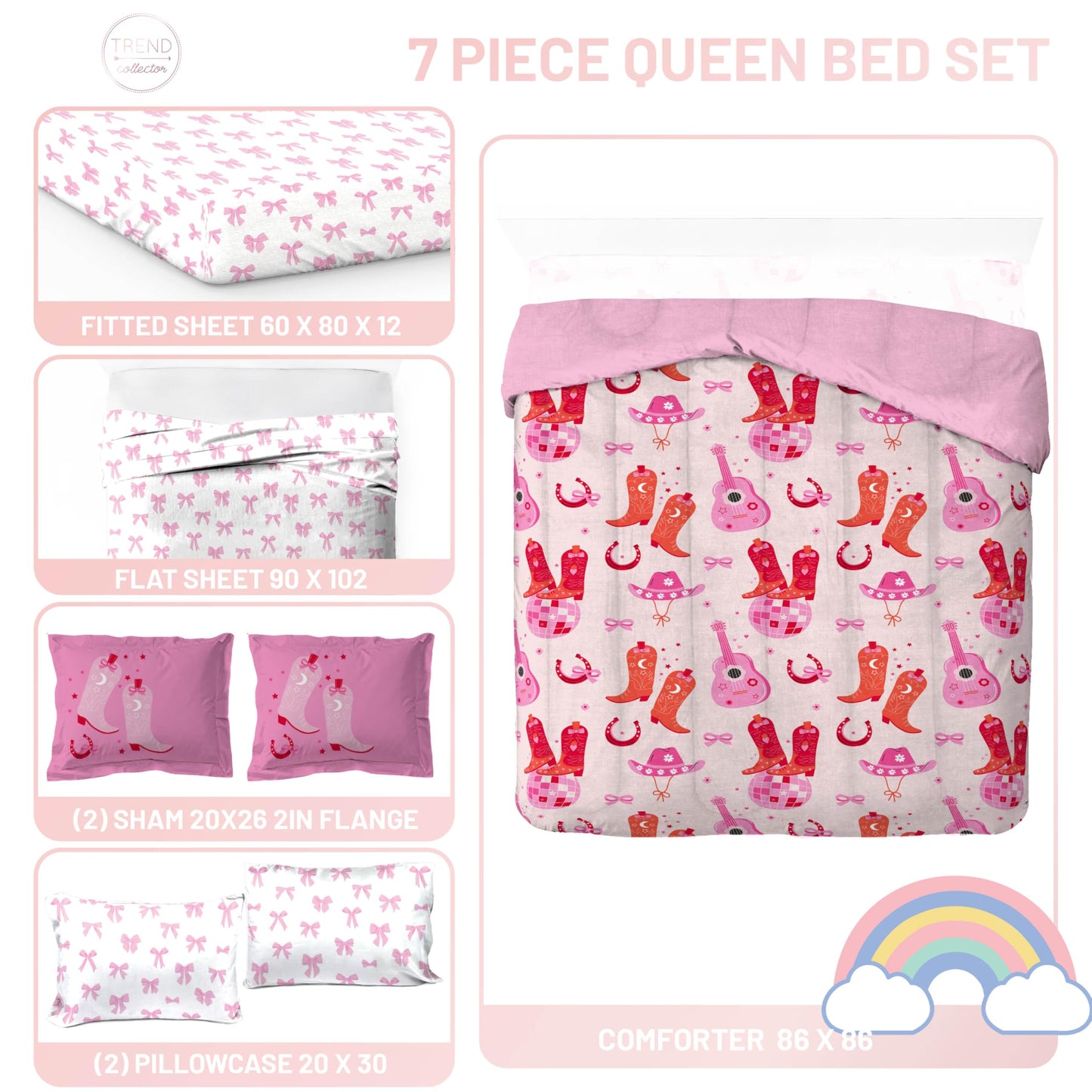 Jay Franco Kids Bed Set, Pink, Cowgirl Boots & Bows, 7 Piece Queen