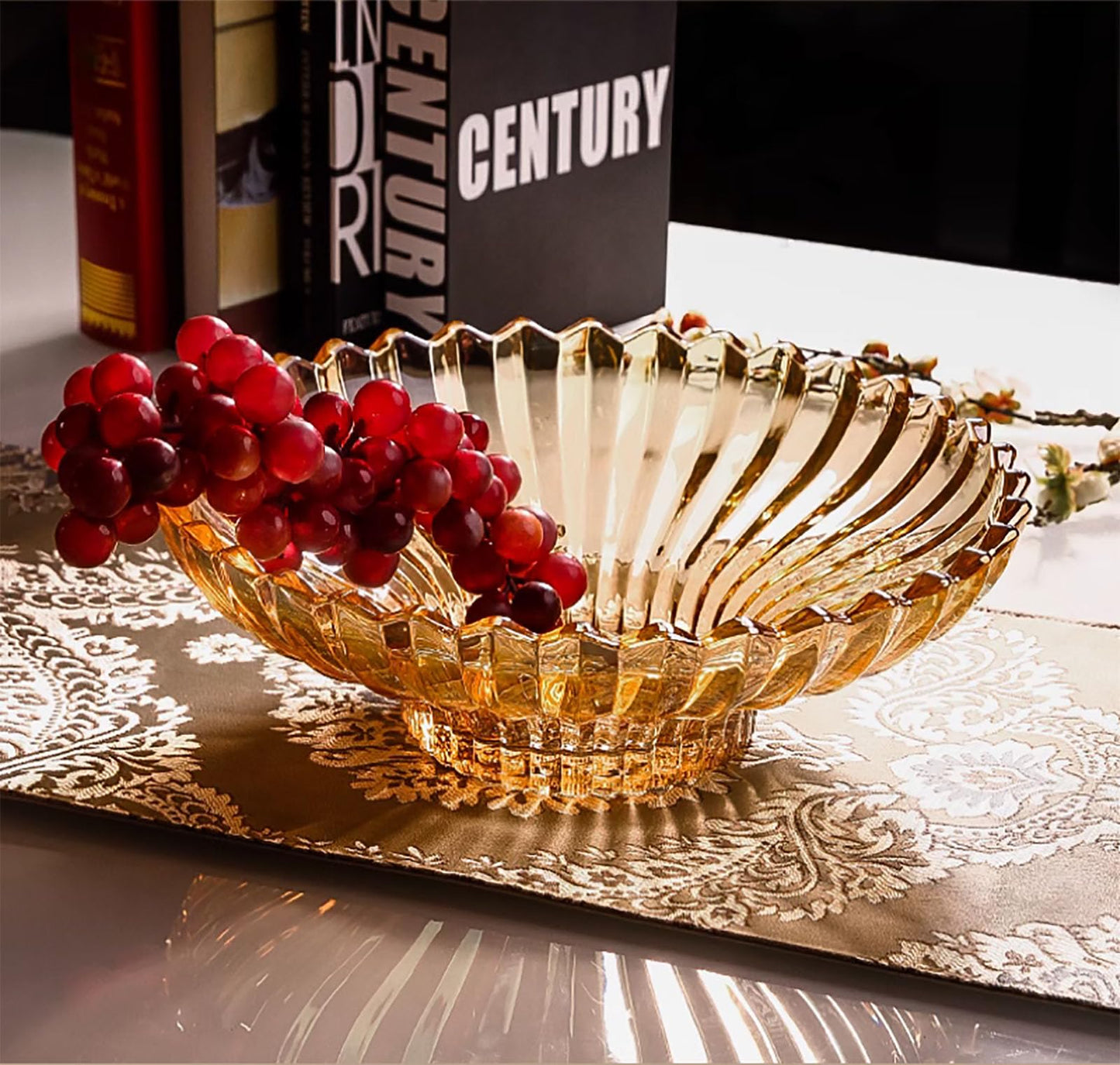 Rxcvkmw Glass Fruit Bowl or Decorative Bowl, used for Kitchen counter or living room center table decoration, 12.5 inch Fruit Bowl or Center Bowl (Amber)
