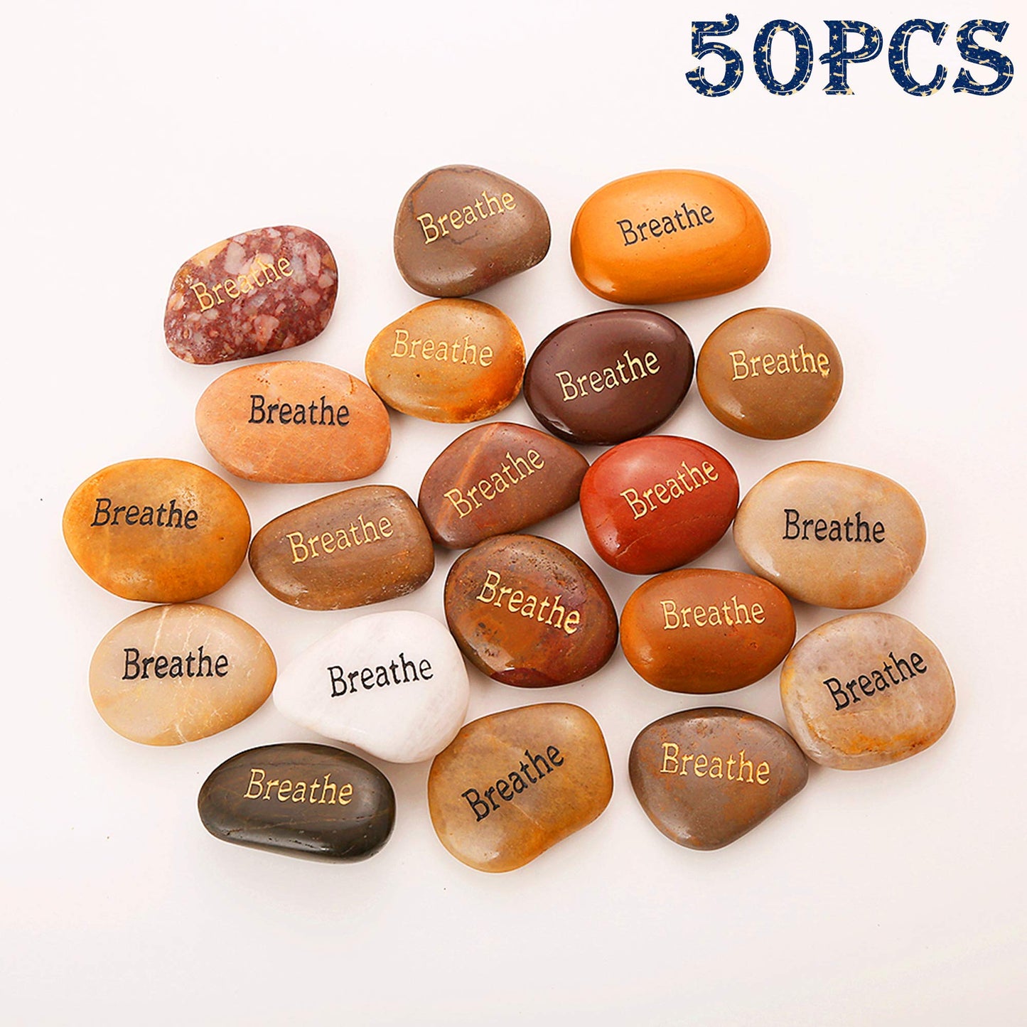 ROCKIMPACT 50PCS Breathe Breathe Stone Engraved Inspirational Stones Bulk Encouragement Motivational Gifts Zen Healing Inspiring Rocks Prayer Word Stones Wholesale Breathe Rock,2"-3" Each