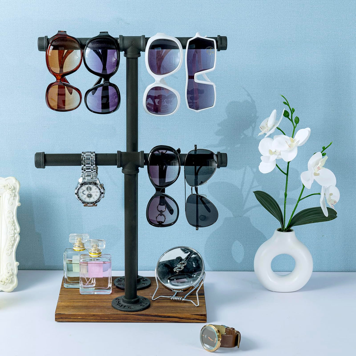 MyGift Adjustable 2-Tier Industrial Jewelry Display Stand - Rustic Metal Pipe & Brown Wood Base for Necklaces, Bracelets, Watches - Home & Boutique Decor (11.75" H)