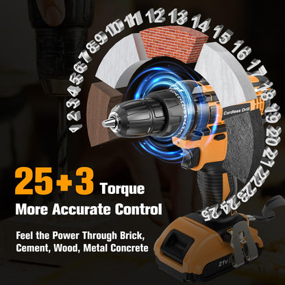 JYGMPRO Cordless Drill Driver 21V, Hammer Drill with 2 Batteries 2000mAh, 25+3 Torque, 42N.m Max Electric Drill, 30PCS Drill Bits, 2 Speed, LED Light for Home and Garden DIY Project