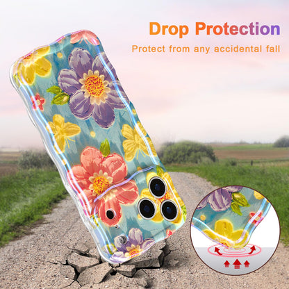 EYZUTAK Case for iPhone 17 Pro, Colorful Retro Oil Painting Flower Laser Glossy Pattern Cute Curly Wave Edge Exquisite Phone Cover Stylish Durable TPU Protective Case for Women - Butterfly Flower