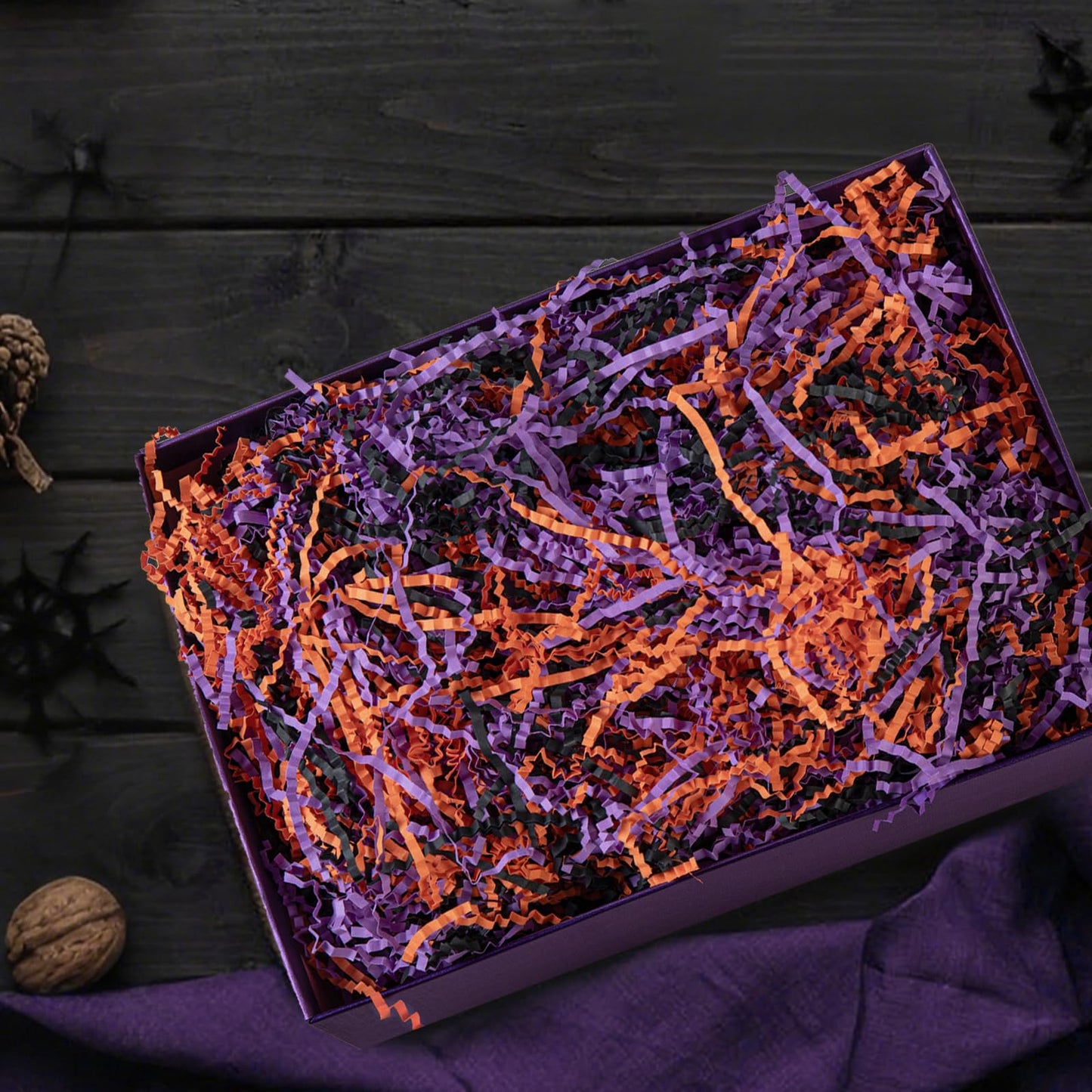 Gloreyan 1LB Halloween Crinkle Cut Paper Shred, Black Orange Purple Raffia Paper Sherd Filler Grass for Gift Wrapping Basket Filling Birthdays Weddings Party Supply