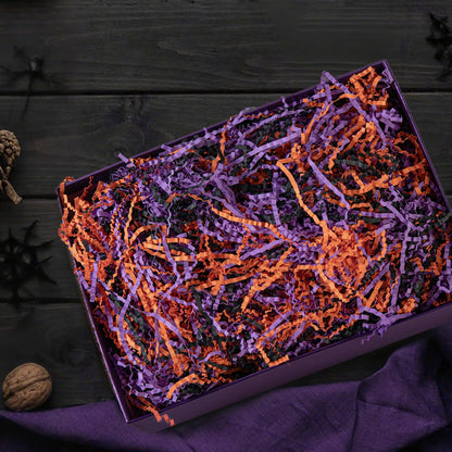 Gloreyan 1LB Halloween Crinkle Cut Paper Shred, Black Orange Purple Raffia Paper Sherd Filler Grass for Gift Wrapping Basket Filling Birthdays Weddings Party Supply