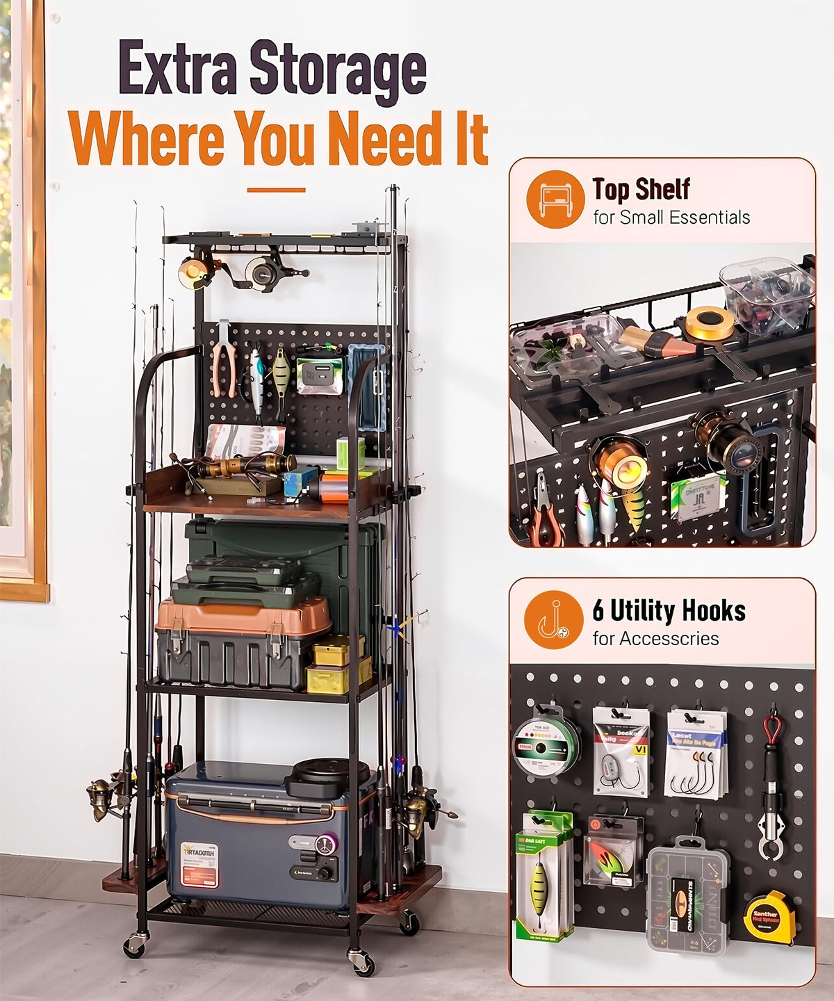 Homde Fishing Rod Holders for Garage: Large Capacity Fishing Equipment Holder up to 12 Rods - Mobile Tackle Storage Cart with Pegboard and Hooks for Tackle Box Organizers and Storage