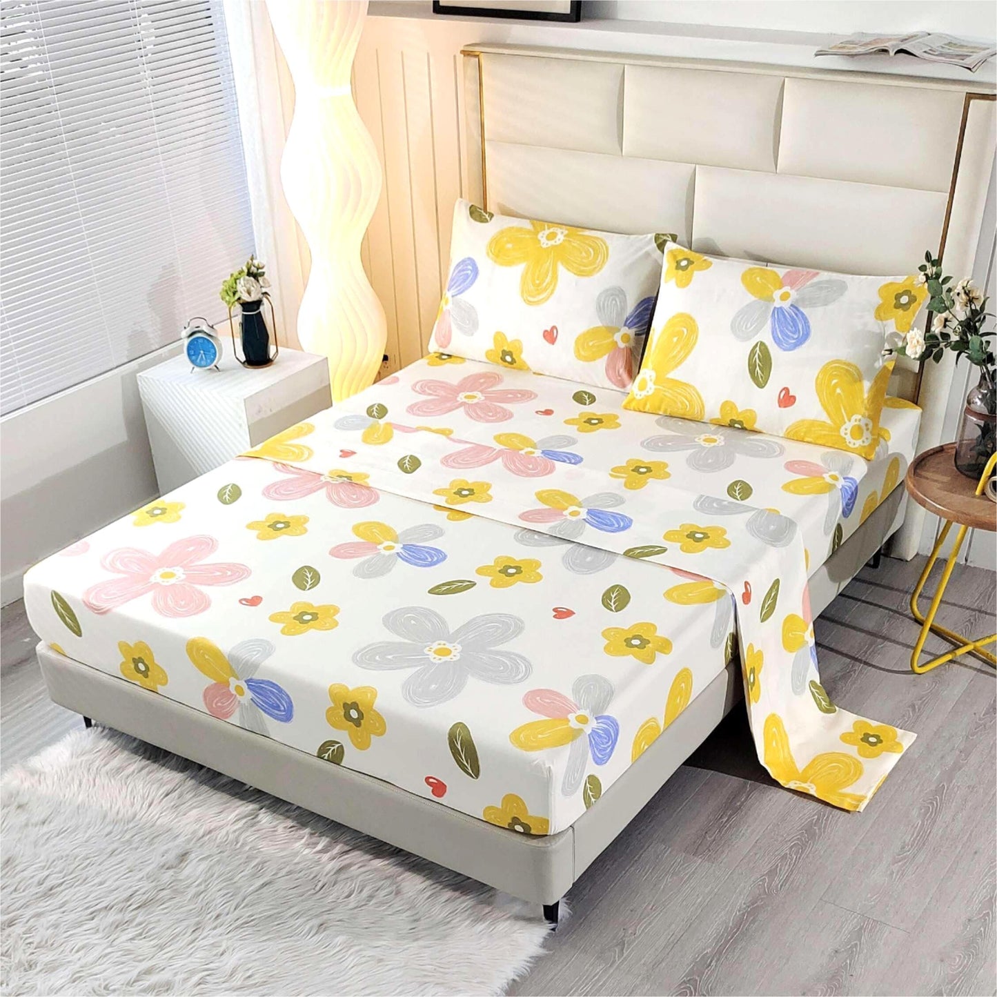 SDIII 4 Pieces Yellow Floral Sheets Set Full, Soft Microfiber Floral Bed Sheets Full Size Deep Pocket, Cute Flower Bedding Sheet for All Season