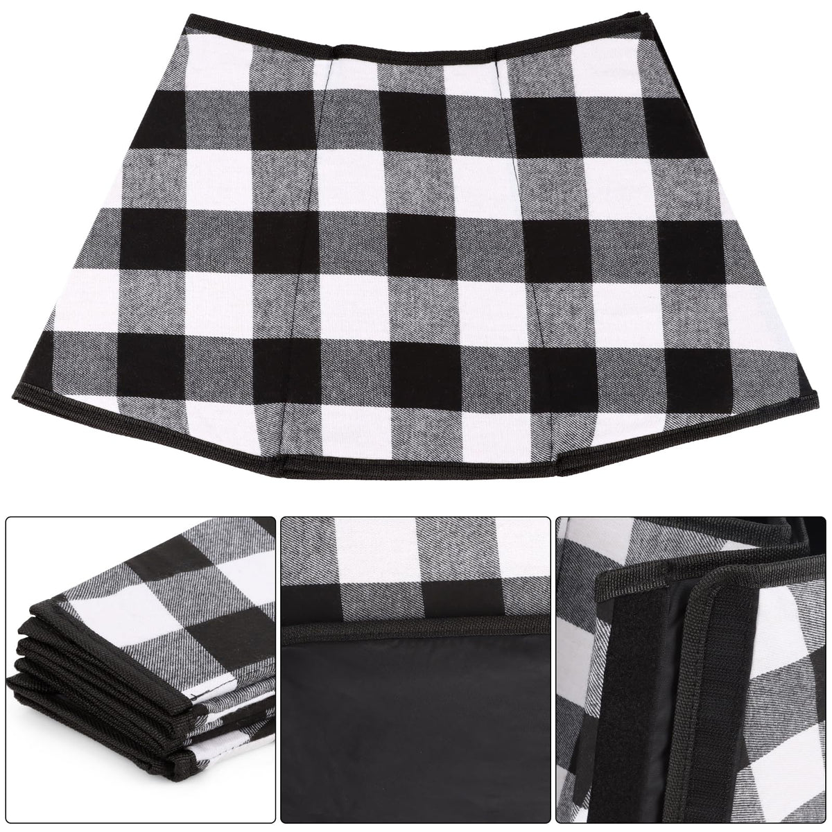 Christmas Tree Collar Velvet Folable Black White Buffalo Plaid Christmas Tree Ring Tree Skirt for Christmas Holiday Tree Decoration