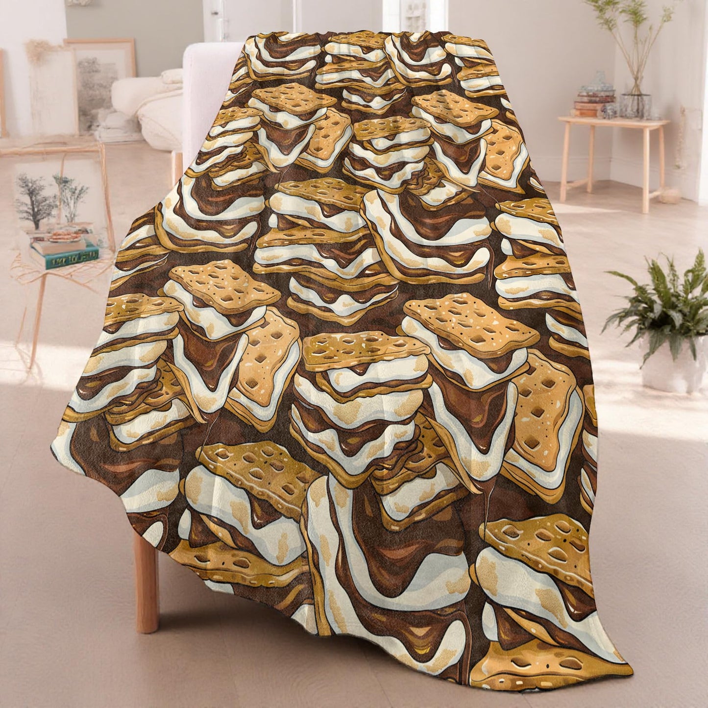 Dessert Pattern Throw Blanket for Boys Girls Kids Adults, Cozy Chocolate Marshmallow Graham Cracker Theme Flannel Blankets Gifts for Camping, Bedroom, Couch, Room Home Decor, 50"x60"