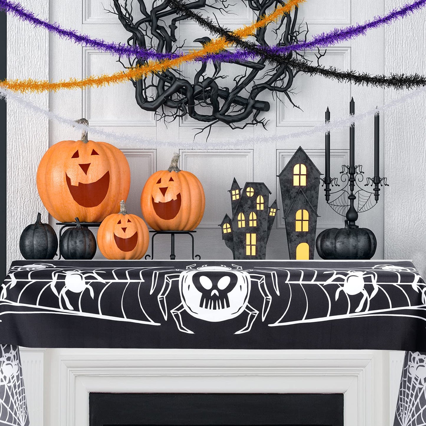 Tongcloud 4 Rolls Halloween Metallic Tinsel Garland - Glitter Ribbon (Orange, Purple, Black, Silver, 9.8ft x 0.7in)