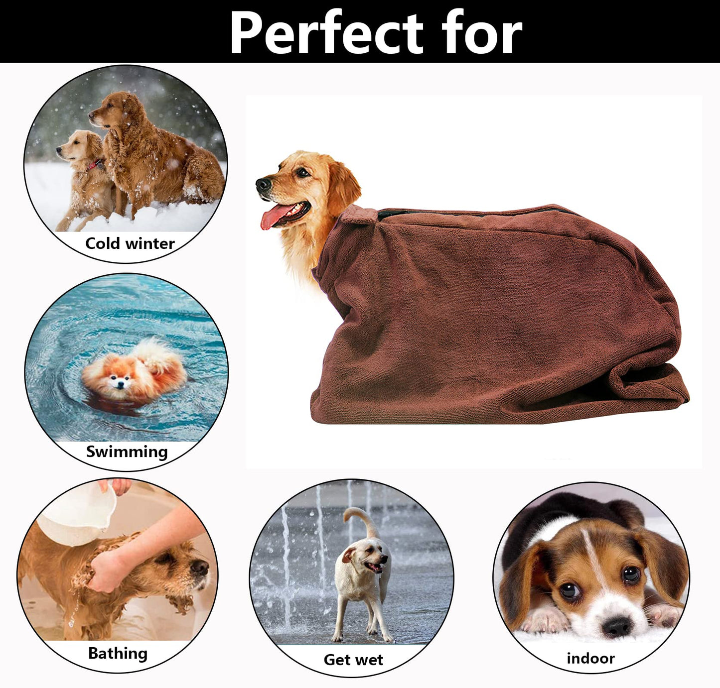 Geyecete Premium Microfiber Dog Towel with Loop Neck Strap - Large, Medium, Small Dog Drying Bag - Brown - S Plus