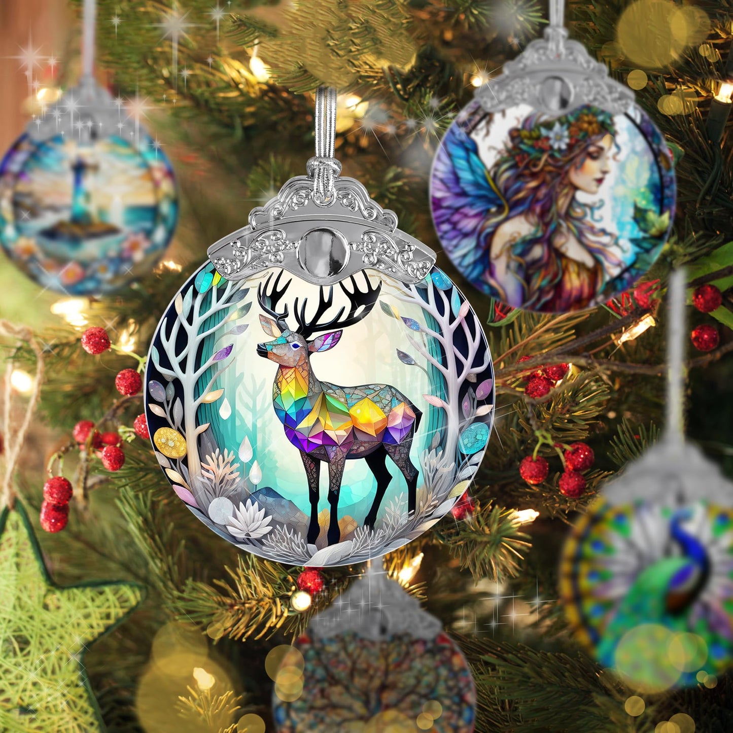 Jocidea Stained Glass Suncatcher, Deer Ornament for Christmas Tree, Holiday Home Decor and Gifts
