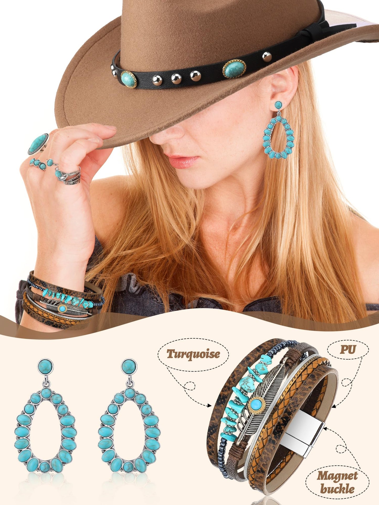 Suhine 9 Pack Western Outfits for Women Cowgirl Fringe Vest Boho Cowboy Hat Turquoise Jewelry Kit for Halloween Costume(Small,Khaki)