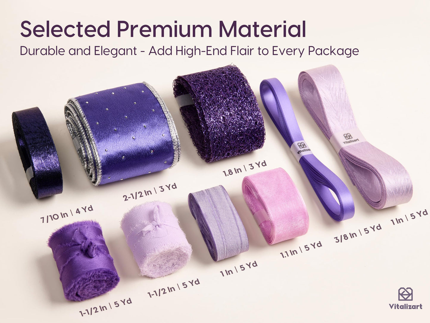 Vitalizart Luxury Purple Ribbon 40 Yards, 9 Textures & Sizes Chiffon, Satin, Organza, Grosgrain Gift-Wrapping, Crafts, Wedding Bouquets, Christmas & Holiday Bows