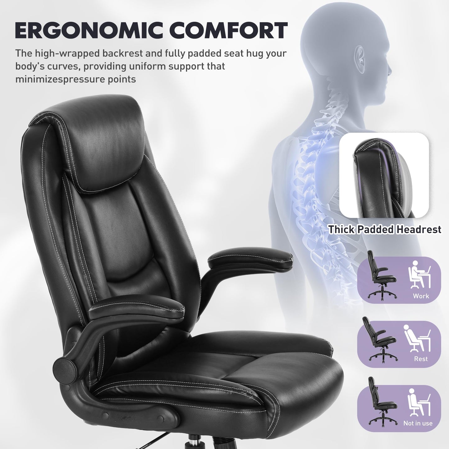 400lbs Capacity Executive Desk Chair Set of 2 with Ergonomic Lumbar Support, Flip-up Arms & High Back Leather Computer Chair for Home/Office, Black