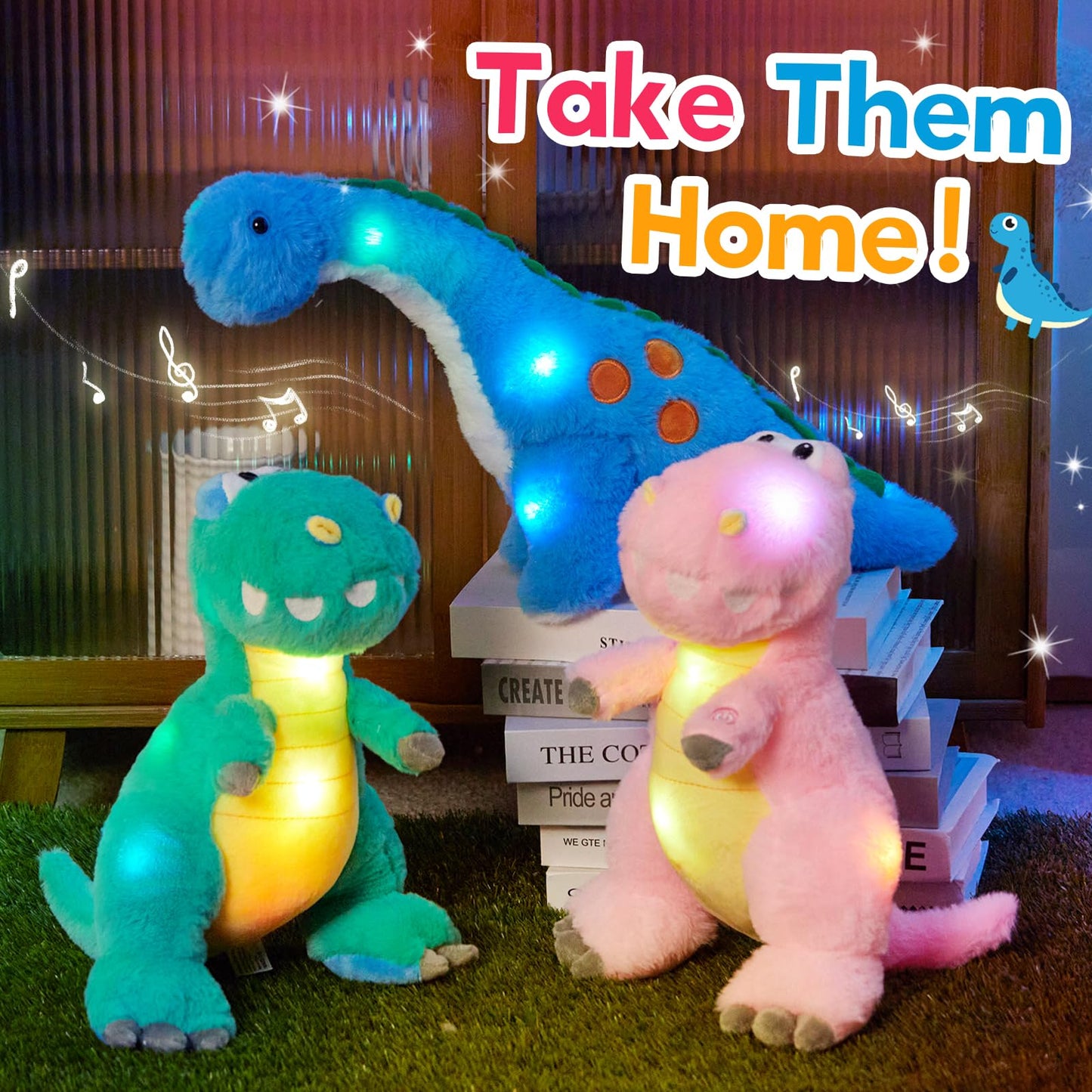 Houwsbaby 14" Blue Musical LED Dinosaur Stuffed Animal Floppy Diplodocus Plush Toy Singing Light Up Adorable Long Neck Lullaby Animated Soothe Baby Birthday Christmas Halloween for Kids Boy Toddlers
