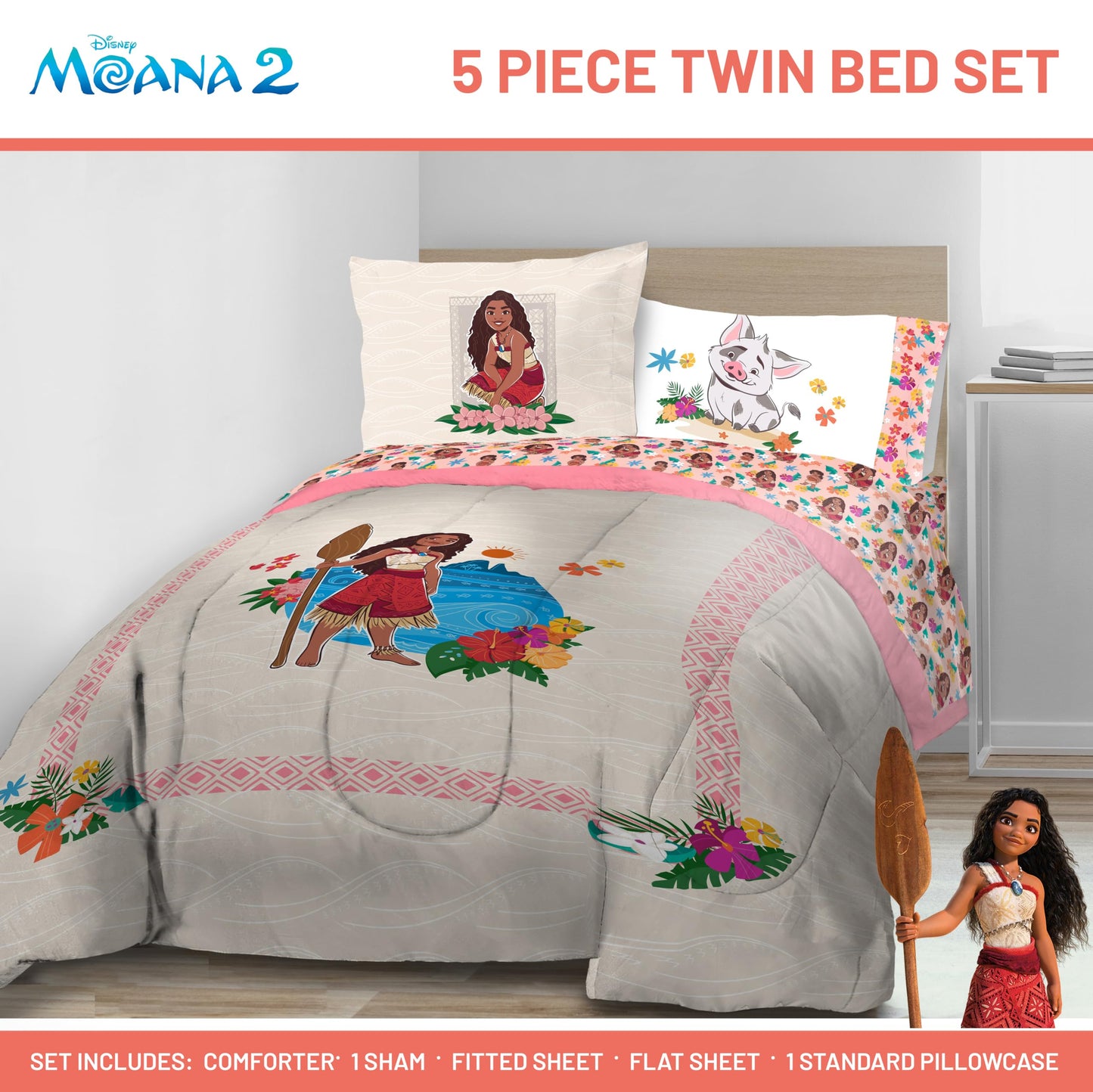 Jay Franco Disney Moana Twin Comforter Set - 5 Piece Bedding Includes Sheet Set & Pillow Covers - Super Soft Floral Cozy Bedding