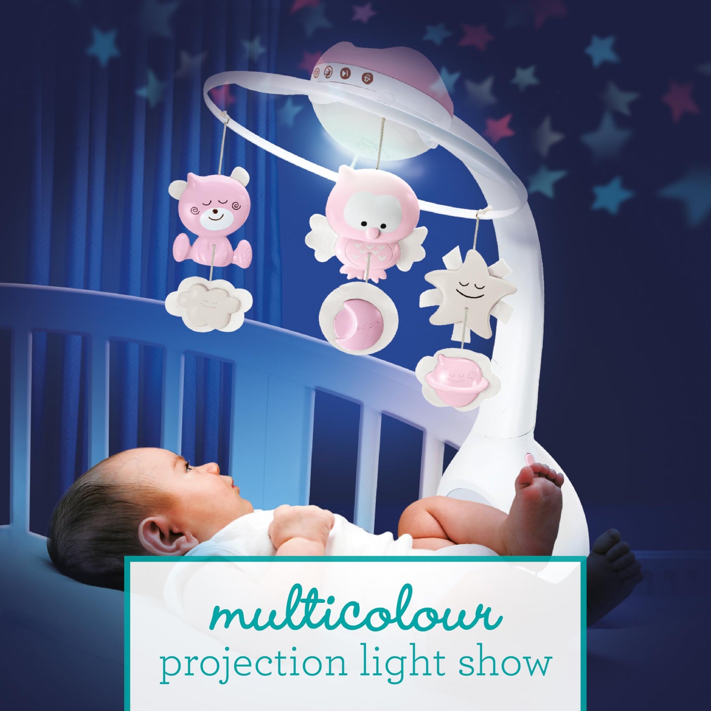 Infantino 3-in-1 Projector Musical Mobile, Convertible Mobile, Table & Cot Light Projector with Wake-Up Mode to Simulate Daylight, Includes 6 Melodies & 4 Nature Sounds, Dusty Rose