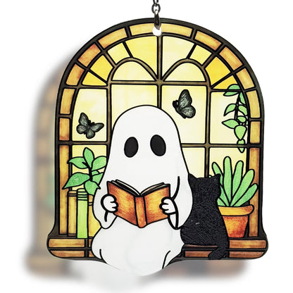 Ghost Black Cat Suncatcher, Ghost Reading Book Christmas Giifts for Women, Cat Lover Gifts