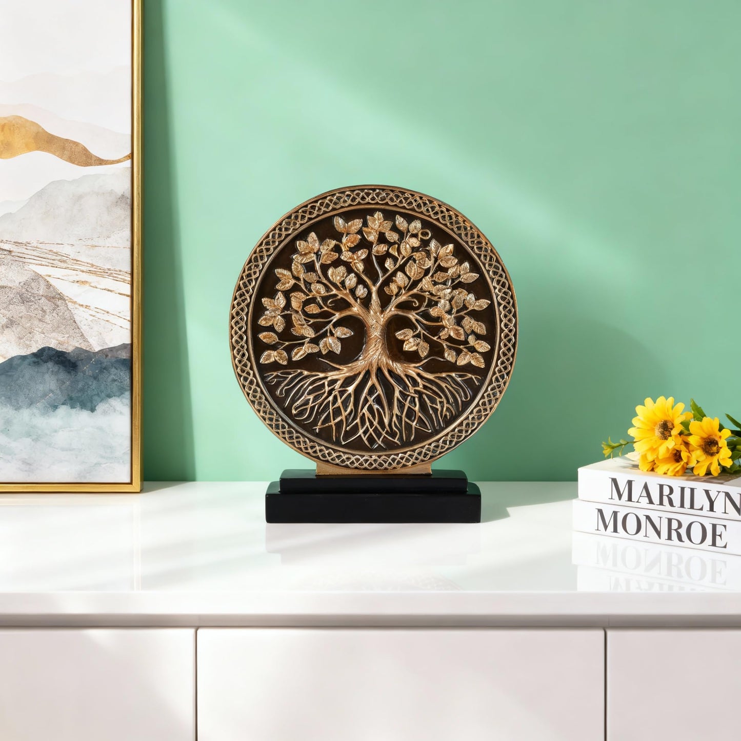 DOVDOV Abstract Circular Tree of Life Decorative Sculpture, Black and Gold Home Decor, Modern Art Home Accent Suitable for Office Shelves, Coffee Tables, and Above Cabinet Decorative Statue.