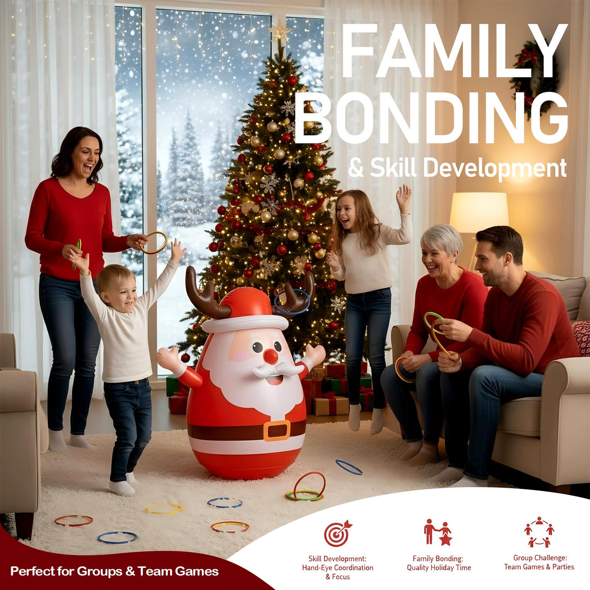 Inflatable Santa Reindeer Ring Toss Game with Wobbling Punching Bag, Christmas Party Game for Kids and Adults, Holiday Decoration