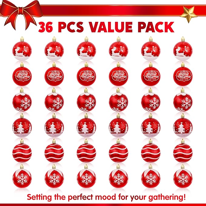 Joiedomi 36 Pcs Red Christmas Ball Ornaments Set, 2.3" Christmas Painting & Glittering Tree Hanging Decoration, Xmas Shatterproof Indoor Decoration for Tree Wreath Holidays Party Supplies