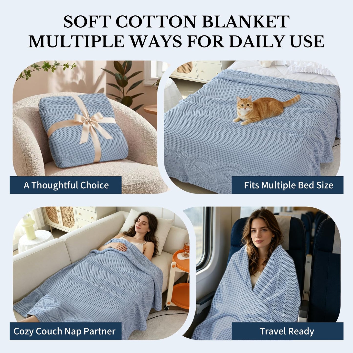 7ya Bedding 100% Cotton Blanket Queen Size 90x90 Inch 350GSM Lightweight Soft and Breathable Thermal Blanket for All Seasons Smoke Gray